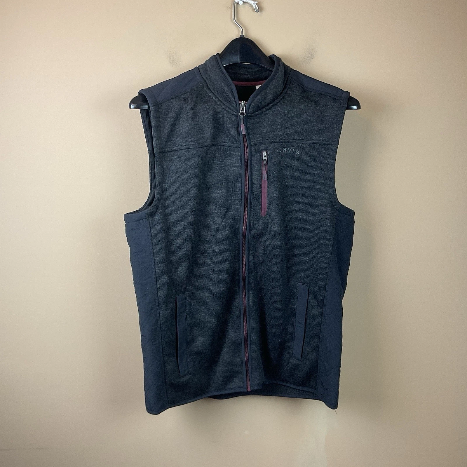 Orvis Knit Vest Mens Large Black Zip Front Sleeveless Outdoor Hiking Pockets