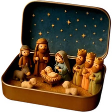 Handmade Miniature Christmas Nativity Set in Tin Box Portable Pocket-Sized Resin