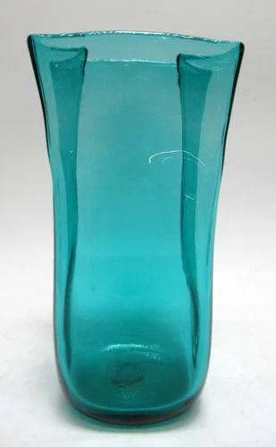 Blenko Hand Blown Glass Teal PAPER BAG VASE #8813S Small 8.5”