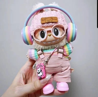 MARKENLOS 🌈Kleidung für Labubu Puppen 17cm Set BUNT mit Kopfhörern Brille & Handy🌈