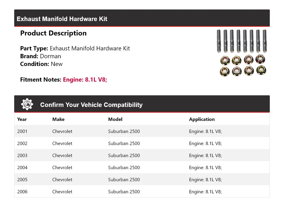 Kit de herrajes colector de escape Dorman 2001-2006 Chevrolet Suburban 2500 2002 Foto 2 de 4