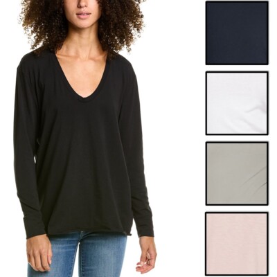 JAMES PERSE 黒 長袖Tシャツ サイズ1 James Perse Women Top Deep V-Neck Cotton Spandex Stretch