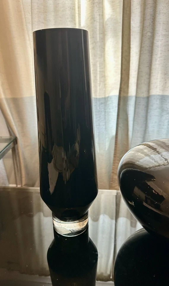 Black Glass Vase Tall Cylinder Glassware Set Of 2- 15” And 1 Round (3pcs) Decor - Image 3 of 4