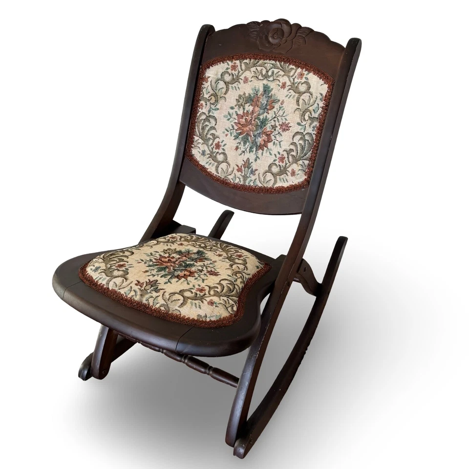 Asiento de banco de madera victoriano y mecedora plegable tapicería antigua Foto 2 de 4