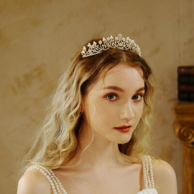 Gold pearl tiara crown princess 6cm Tall Gold Pearl Crystal Wedding Queen Princess Prom  main image 4