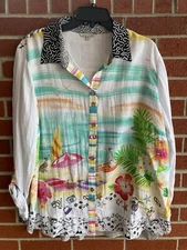 New John Mark Women's Plus 2X Beach Scene Roll Tab Sleeve Top