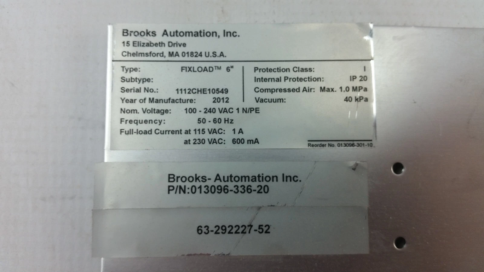 Brooks FIXLOAD 6M load port nameplate and P/N 013096-336-20 label