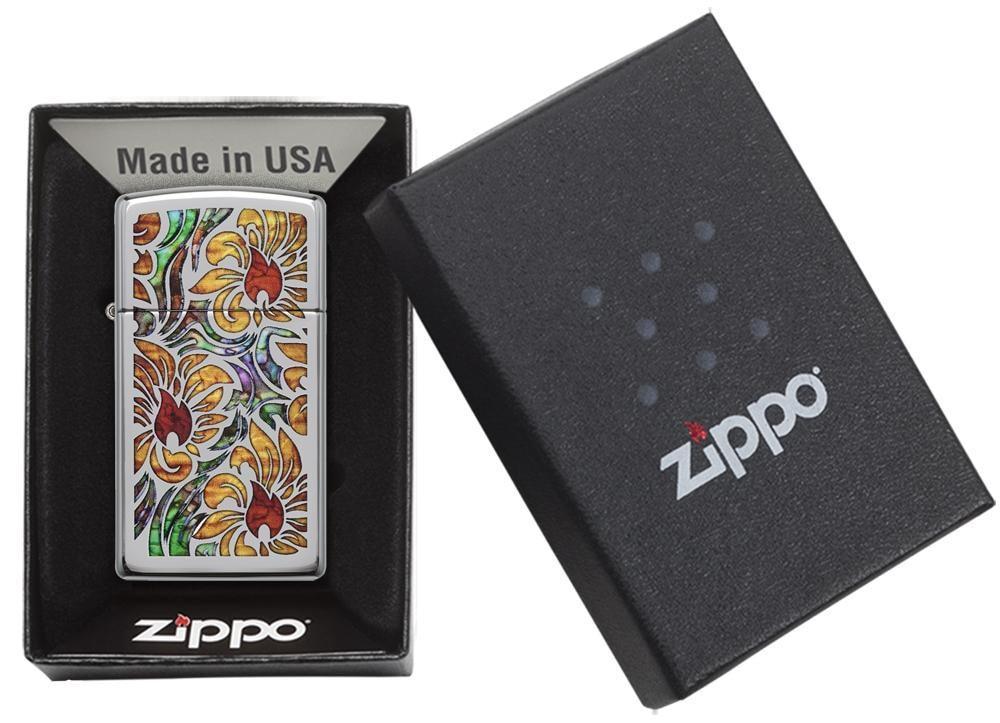 Zippo Windproof Slim Chrome Lighter With Fusion Floral Design 29702 New In Box