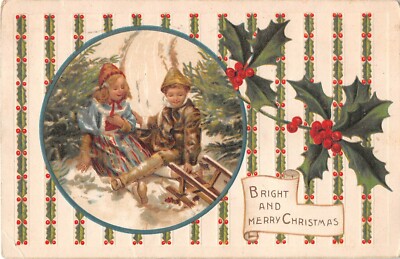 Holly by Cute Children Playing by Snowy Evergreens on Old Christmas Postcard