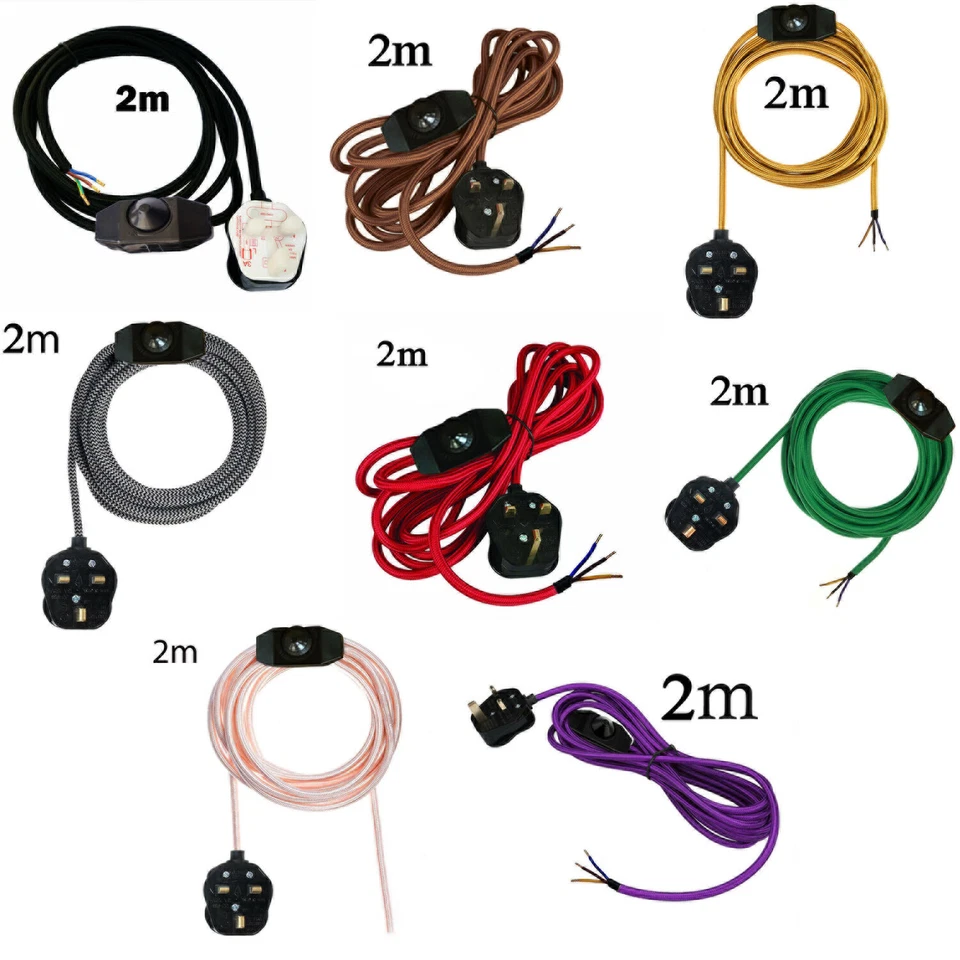 Styles 8 Colours 3Pin UK Plug with Switch 3 Core Braided Fabric Cable Vintage 2M - Image 2 of 4