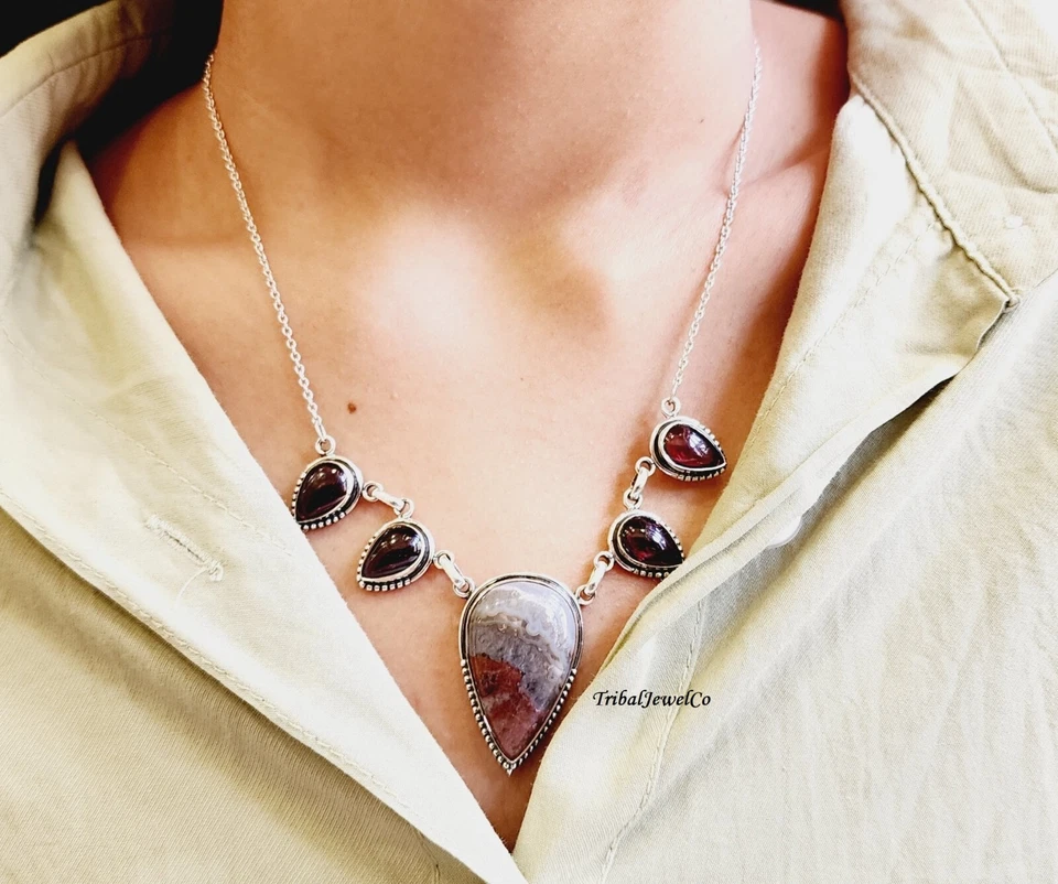 925纯银疯狂花边玛瑙带石榴石Cabuchon项链声明礼物 — 第 3/4 张图片