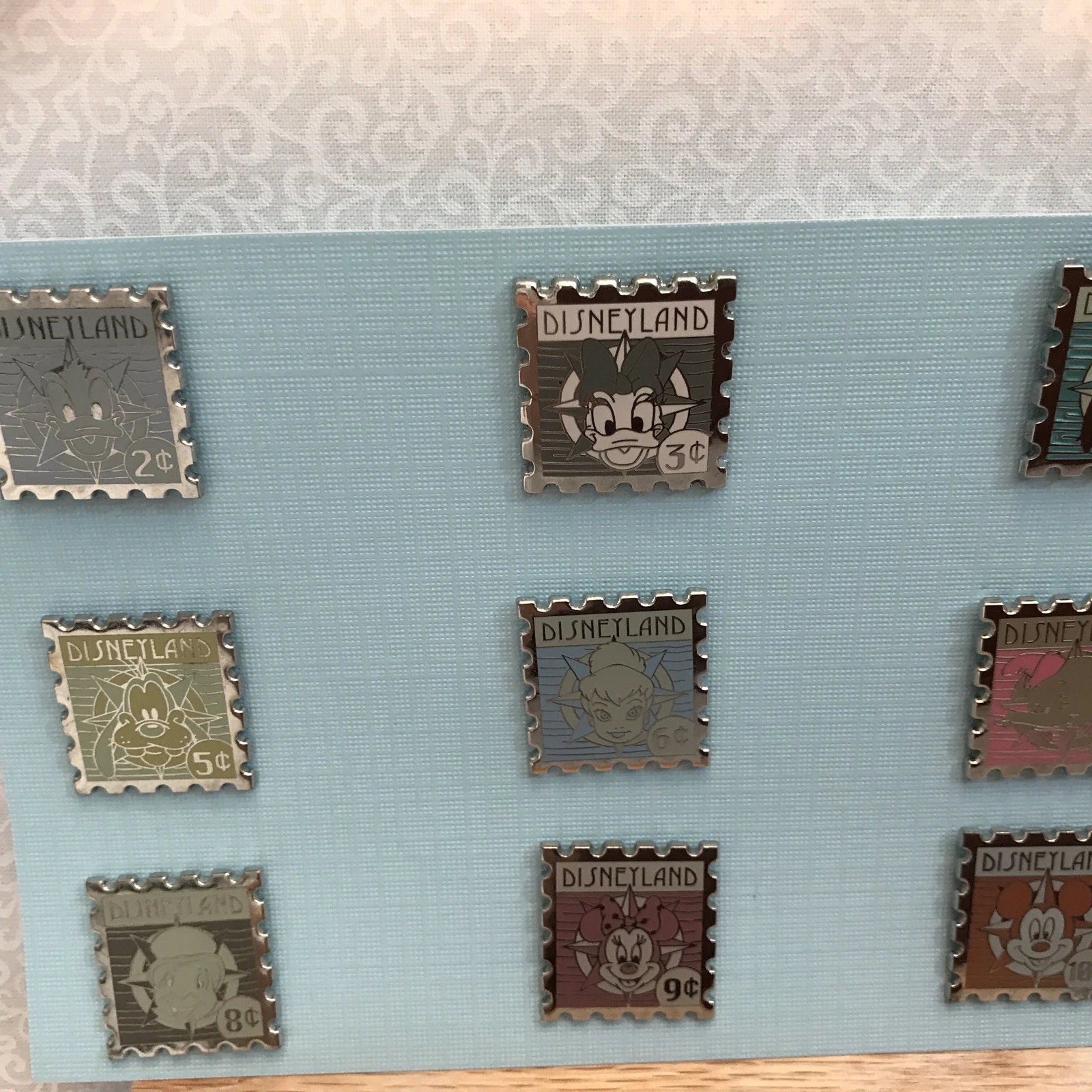 Rare DLR Hotel Vintage Style Mickey Stamp Pin Set, With Many Friends 9 Stamps