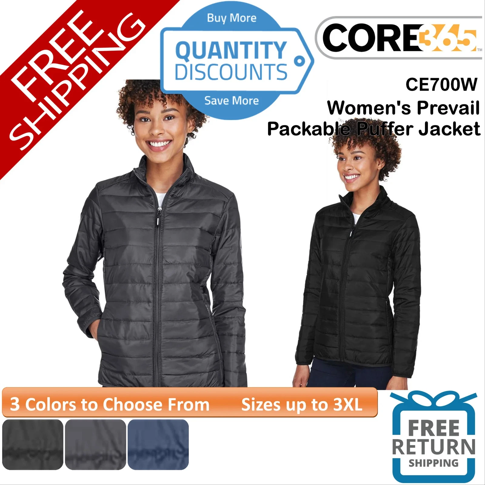 🔥 CORE365 Women Prevail Packable Puffer Jacket Full Zip Up To 3XL CE700W