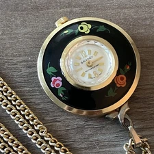 Saxony Swiss Vintage Pendant Watch Handpainted Black Enamel Multi-Color Floral