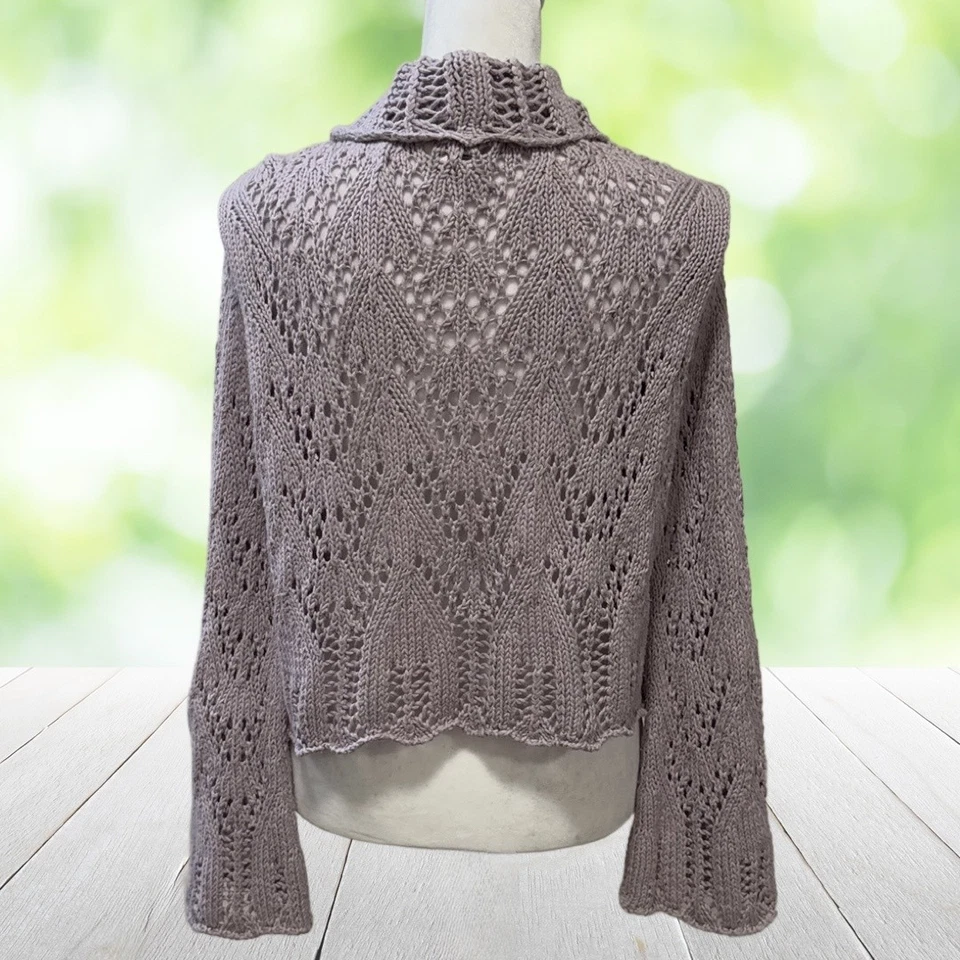 Cárdigan boho vintage NEWPORT NEWS suéter para mujer grande púrpura tejido abierto ganchillo Foto 2 de 4