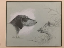 Dog And Wild Boar Superb Original Drawing Signed Hervé Le Mesle