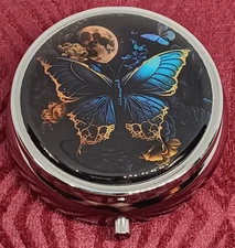 Black & Blue Butterfly Metal Pill Box Small Round Medicine Organizer Purse