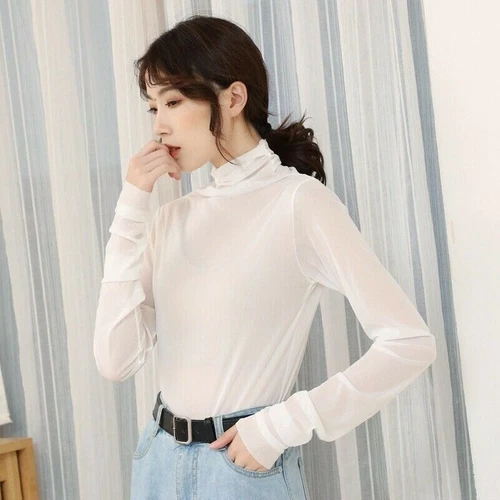 Lady Mesh Blouse See Through Sheer Casual Tops Long Sleeve Turtle Neck Thin Sexy - Picture 2 of 29