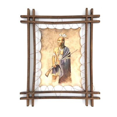 Native American Portrait Framed Leather Surface Fine Art Oil Painting Wall Decor