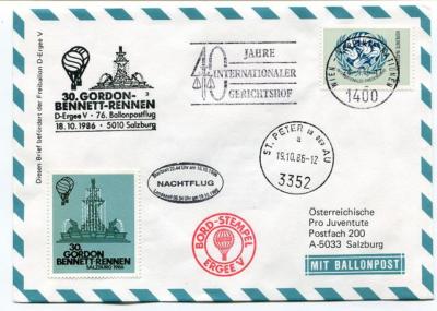 1986 Balloon Post No. 76 Pro Juventute Aerostato D-Ergee V Kematen UN Court of Justice