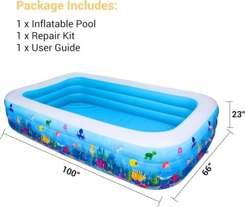 Outdoor Inflatable Swimming Pool Full-Sized Above Ground Blue  100"x 66"x 23" - Picture 1 of 7