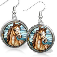 Pendientes colgantes de regalo para amante del caballo impresión artística de vidrieras de imitación caballo pony equino caballo