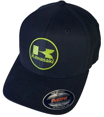 #ad Kawasaki Embroidered Patch Flexfit 6377 Brushed Twill Black L XL 7 1 8quot; 7 5 8quot; $24.72