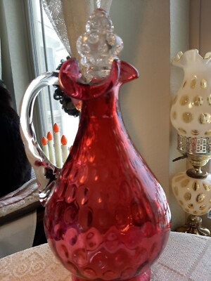 Vintage Fenton Cranberry Coin Dot Wine Pitcher Decanter Fancy