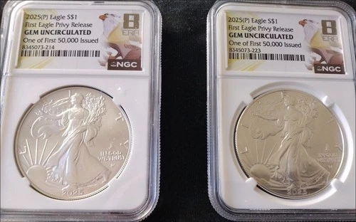 2 - 2025 (P) American Silver Eagle with eagle privy  "8 ERA Gem Uncirculated"