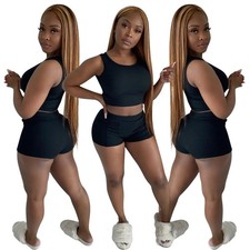 Stylish Solid Color Ribbed Two-Piece Set  Crop Top  Pants - Lounge Outfit