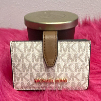 Michael Kors MK Logo Accordion Card Holder Card Wallet Snap Beige Brown