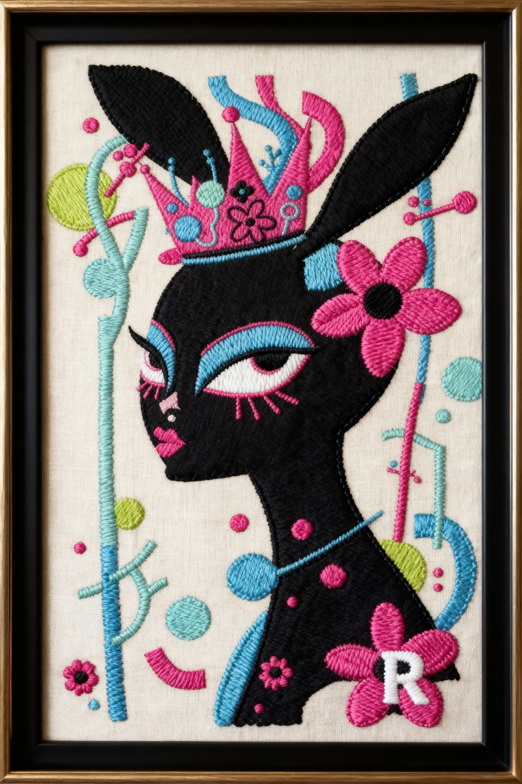 Queen Bunny Mix Media Embroidered Print on Stretched Canvas Ready to Hang 12x16