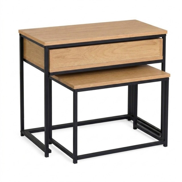 MAKA Set 2 Tavolini Salotto Impilabili con Cassetto Legno Rovere e Metallo