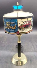1970's Ford Dealer Desk Lamp - Tiffany Style Table Light - Faux Stained Glass