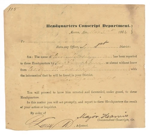 Confederate Conscript Dept Macon GA 1864 Arrest Order Document