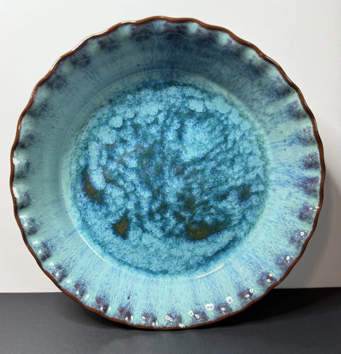Vintage Art Pottery Fluted Pie Dish Shallow Bowl Swirl Blue Glazed 1978 Signed