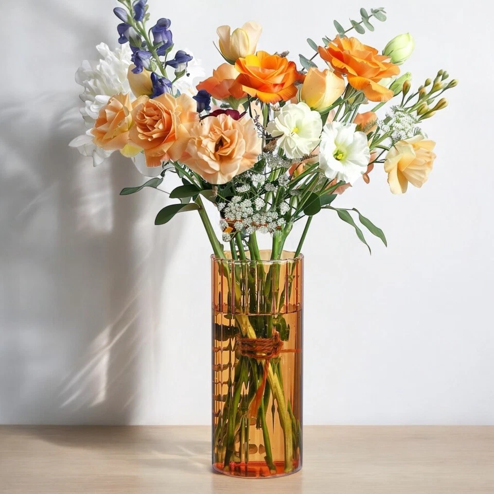 NUEVO Florero West Elm XL Coloreado Vidrio Boho Acanalado Cilindro Florero Decoración 8" Foto 2 de 4