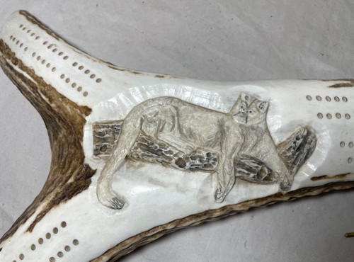 hand carved natural elk horn antler scrimshaw brass big cat cribbage game board - Picture 4 of 15