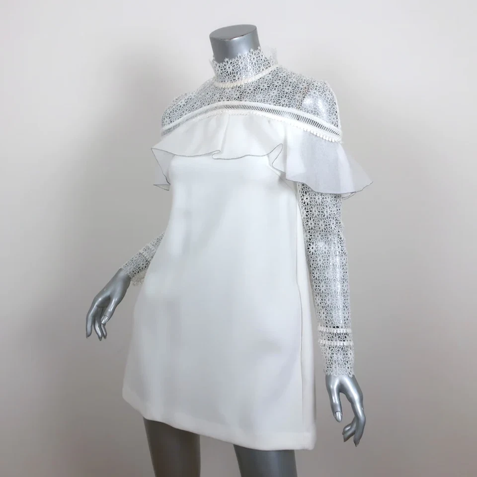 Mini Vestido Autorretrato Manga Larga Volantes Blanco Ribete de Encaje Crepé Talla US 4 Foto 3 de 4