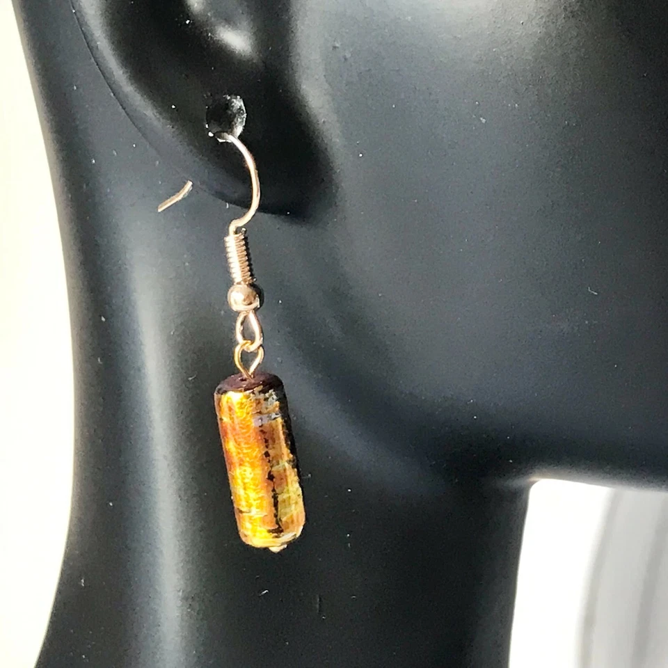 Orange Amber Murano Glass Earrings Bead Hand Painted Round Gold Plated - Image 2 of 4