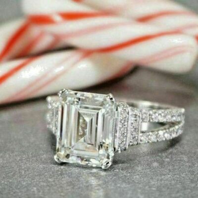 4CT White Emerald Cut CZ Womens Engagement Wedding Ring 925 Sterling ...