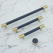 MFYS Brass Gold & Navy Blue Leather Cabinet Handle Wardrobe Pull Drawer Pull