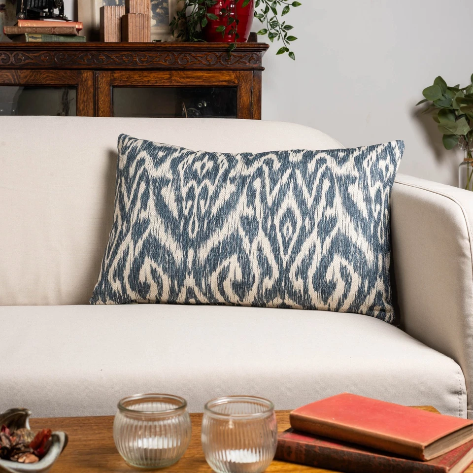 Textured Linen Blend Abstract Ikat XL Rectangular Cushion in Marine Blue. 23x15" - Image 2 of 3
