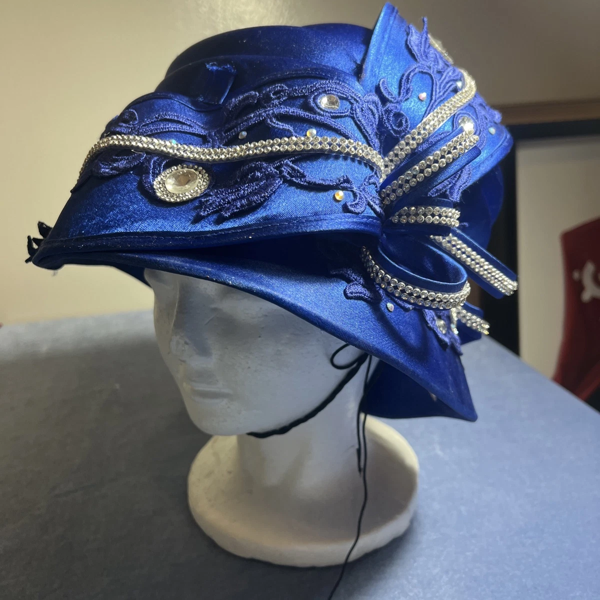 Vintage Swan Hat NY Navy Sequin Bow Church Hat Rhinestones satin ribbon adjustable hat great for church  main image 2
