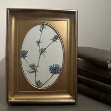 Small Gold Ornate Picture Frame Vintage Blue Flowers Artwork Oval Moody Art 