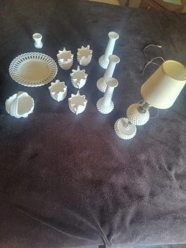 Vintage 1950's Hobnail Milk Glass Lamp With Hobnail Center Globe Plus All These.