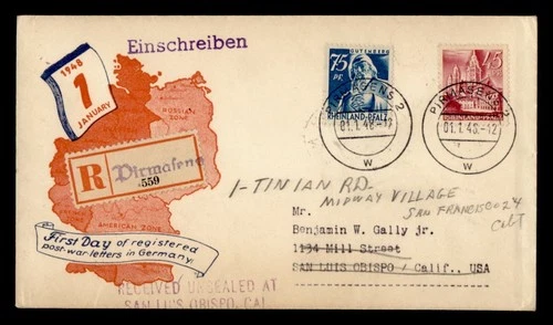 DR WHO 1948 GERMANY RHEINLAND PFALZ FIRST DAY POST WAR REGISTERED M72411