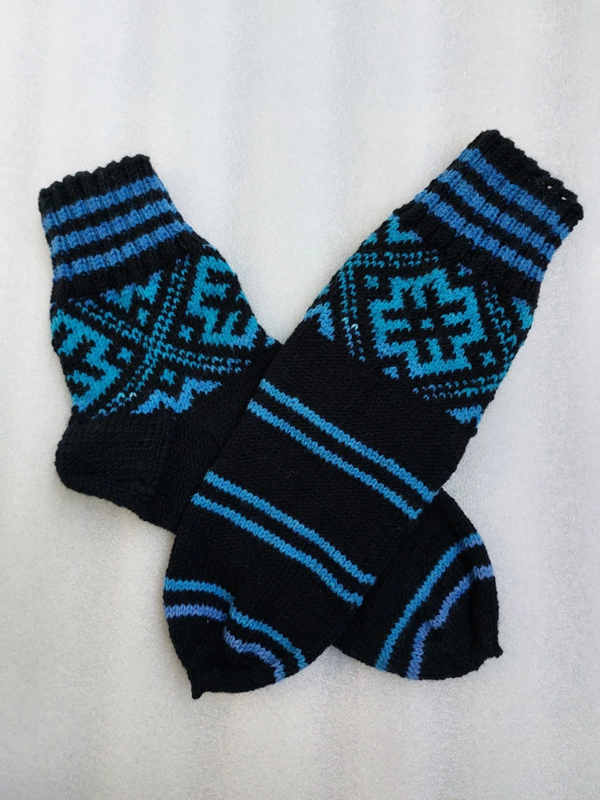 Handmade men's wool socks , foot warmer Black with a blue jacquard pattern