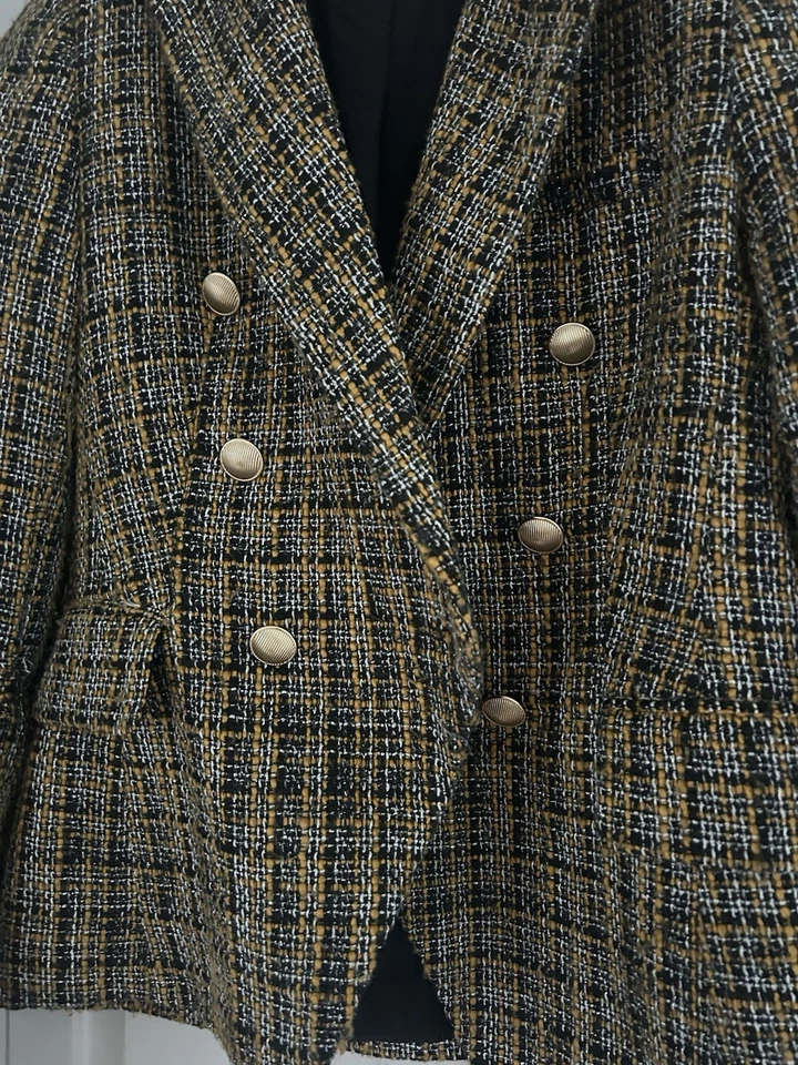 Chaqueta Blazer Para Mujer Elie Tahari Crema Tweed Talla S Mezcla de Lana Botones Dorados Foto 2 de 4