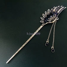 Phoenix Plume Tassel Hair Sticks Hairpin Crystal Hair Chopstick Vintage Feather